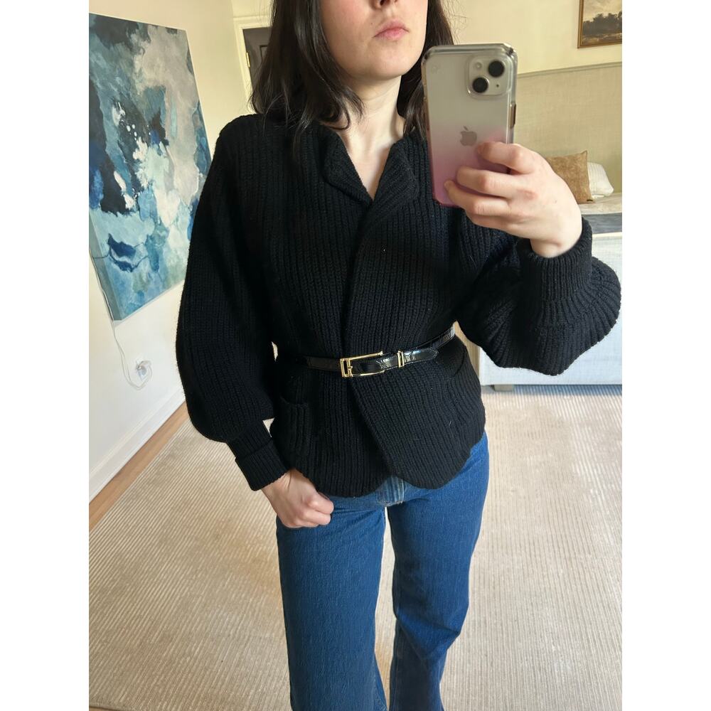 Vintage PGE 100% wool black balloon sleeve cardigan jacket chunky knit sz M